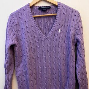 Ralph Lauren Sport Sweater Cotton Cable Knit V-Neck Purple white Logo XL